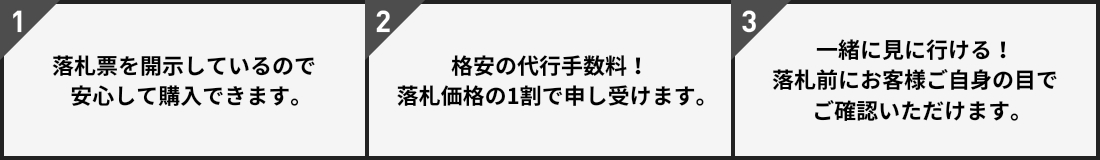 1.落札票を開示しているので安心して購入できます。2.格安の代行手数料！落札価格の1割で申し受けます。3.一緒に見に行ける！落札前にお客様ご自身の目でご確認いただけます。